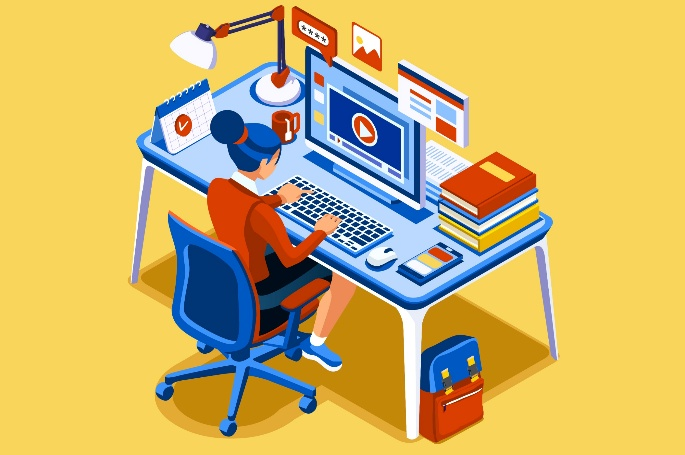 デスクで作業する女性のイラスト